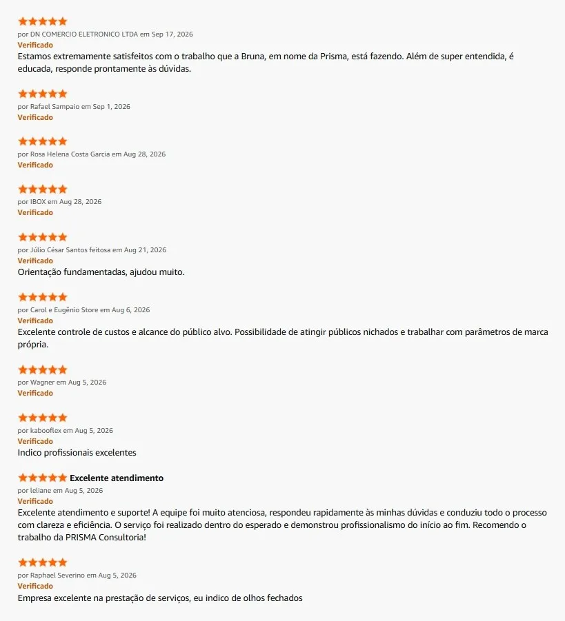 Avaliações 5 estrelas de clientes da Prisma na categoria Otimização de Publicidade, publicadas na Rede de Prestadores de Serviço