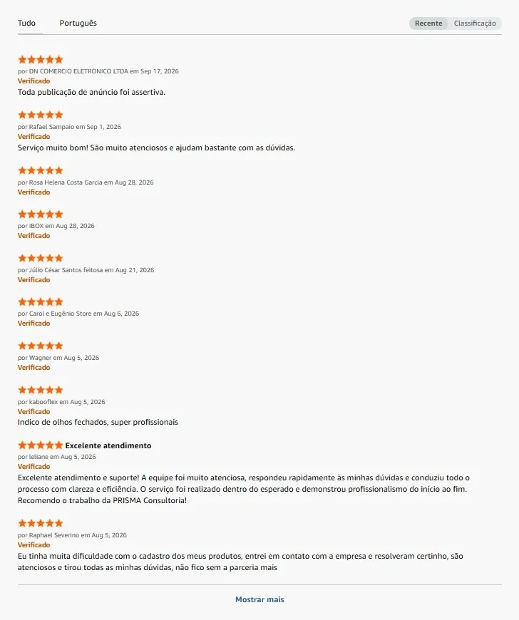 Avaliações 5 estrelas de clientes da Prisma na categoria Catalogação, publicadas na Rede de Prestadores de Serviço