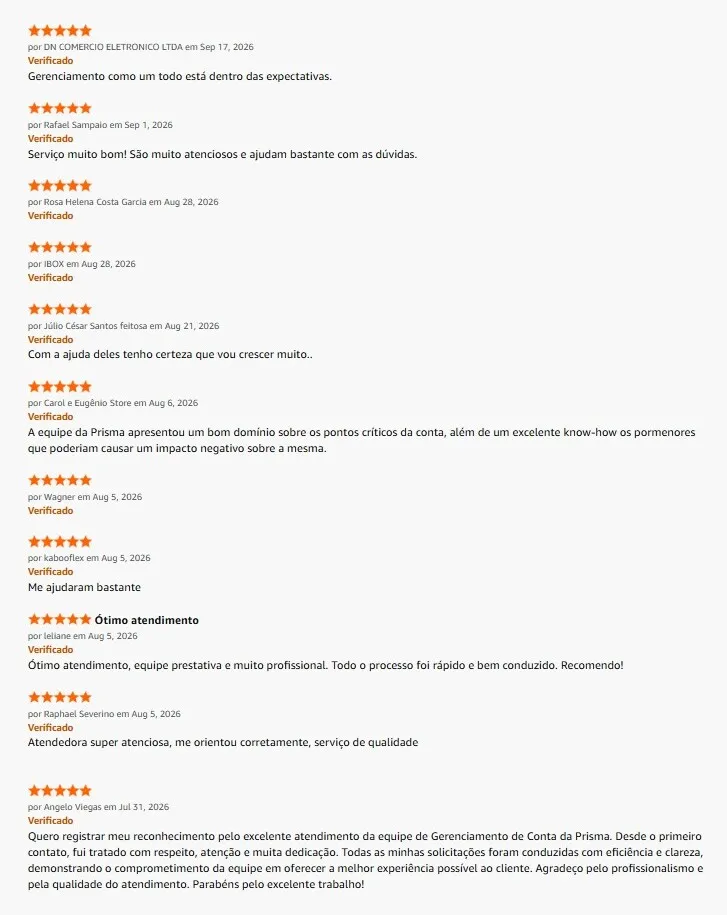 Avaliações 5 estrelas de clientes da Prisma na categoria Gerenciamento de Contas, publicadas na Rede de Prestadores de Serviço